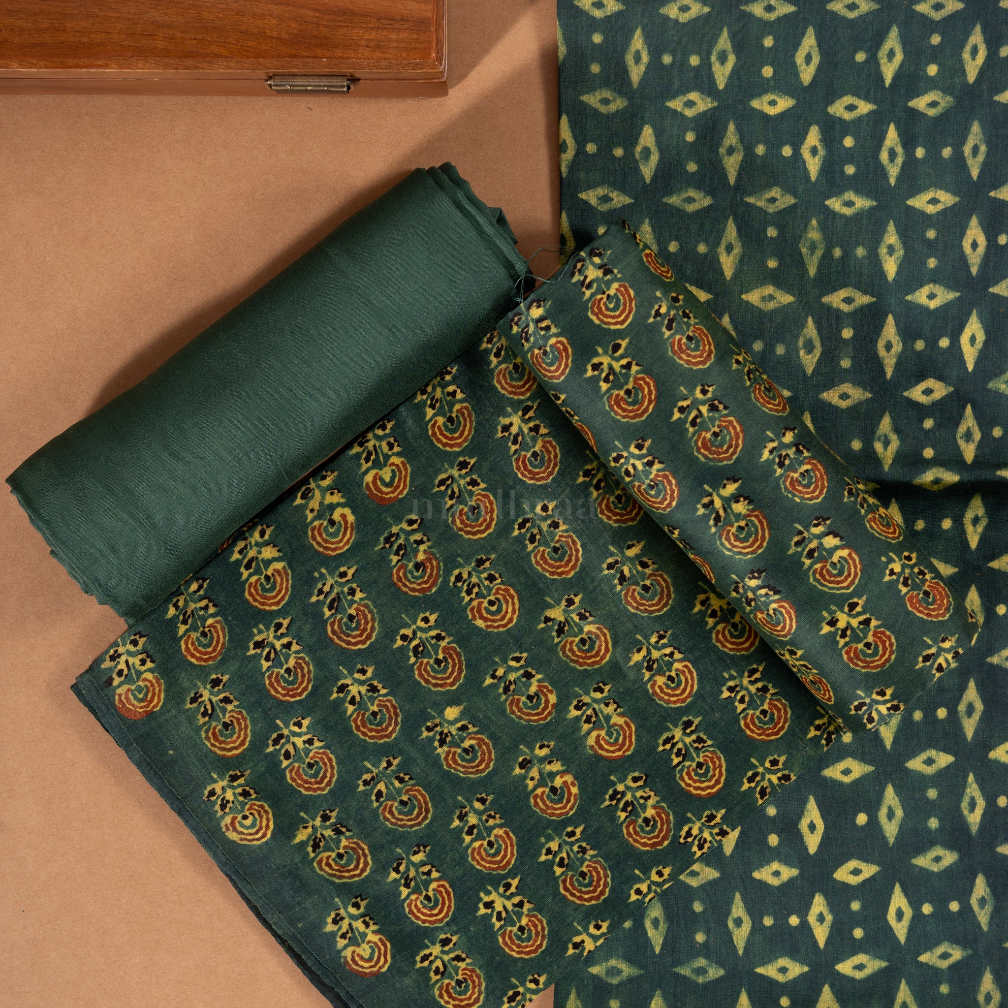 Forest Green Ajrakh Handblock Printed Chanderi Suit Set