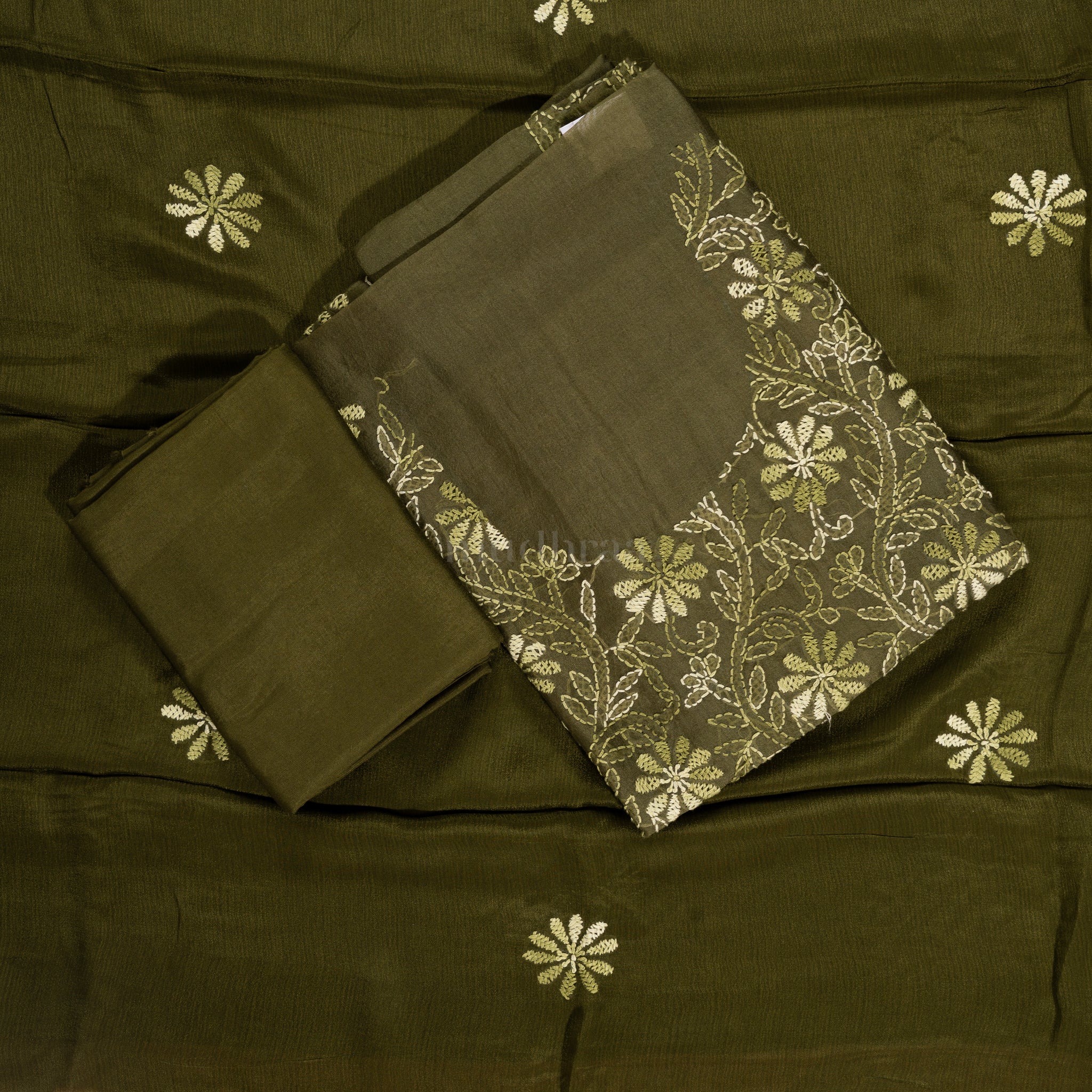 Moss Green Kora Kantha Embroidered Suit Set