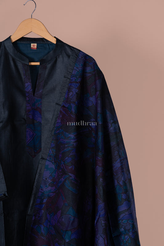 BLACK & COBALT BLUE SEMI-STITCHED PURE TUSSAR SUIT SET