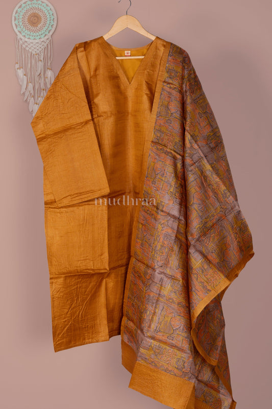 GOLDEN YELLOW SEMI-STITCHED PURE TUSSAR SUIT SET