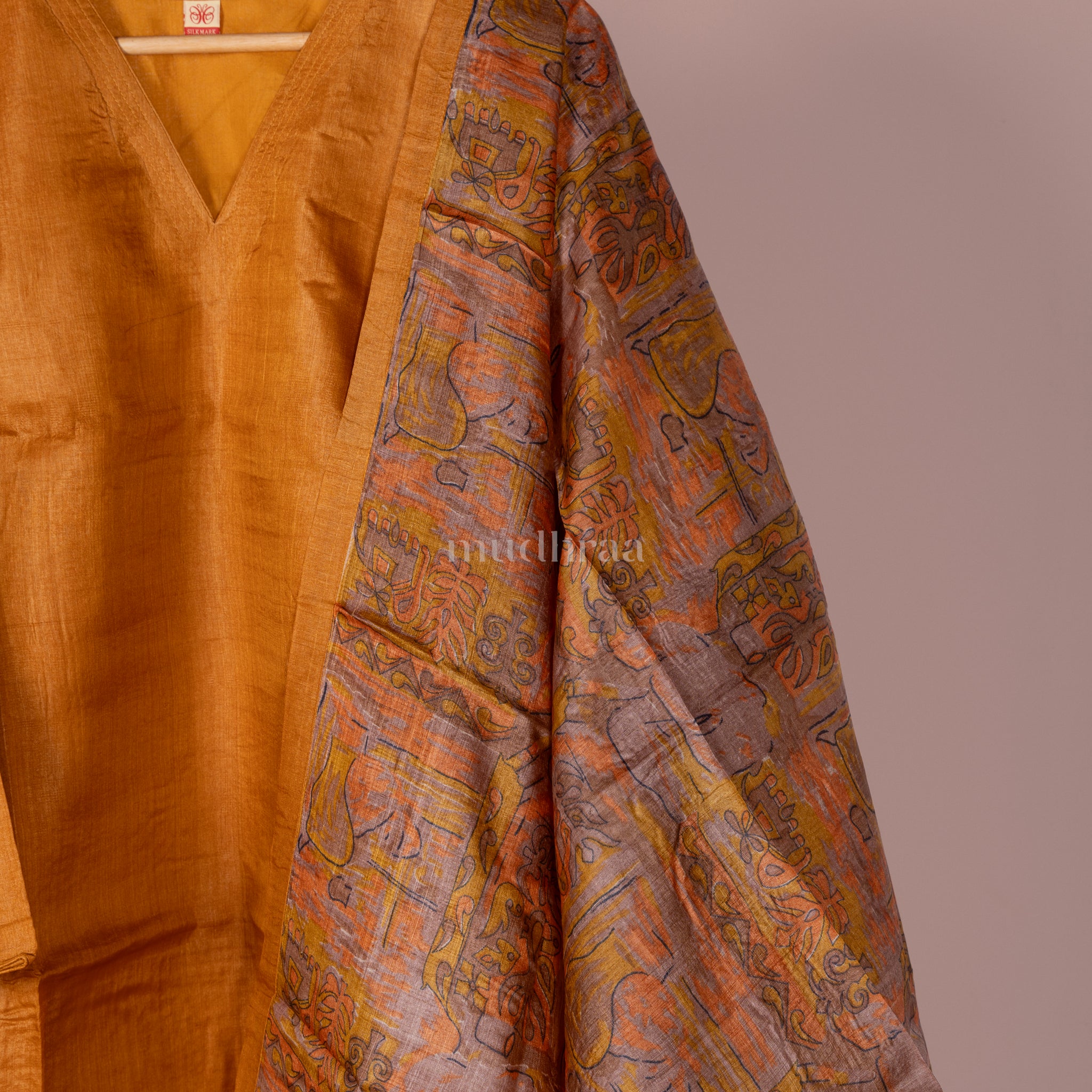 GOLDEN YELLOW SEMI-STITCHED PURE TUSSAR SUIT SET