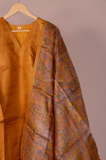 GOLDEN YELLOW SEMI-STITCHED PURE TUSSAR SUIT SET