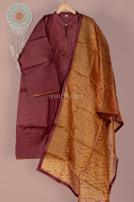 BRICK & YELLOW SEMI-STITCHED PURE TUSSAR SILK SUIT