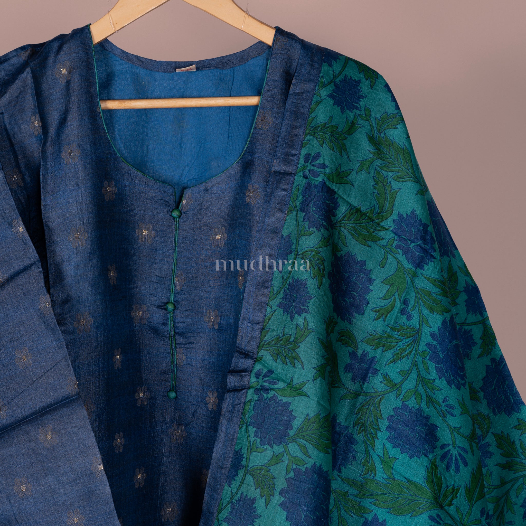 NAVY & GREEN SEMI-STITCHED PURE TUSSAR SUIT SET