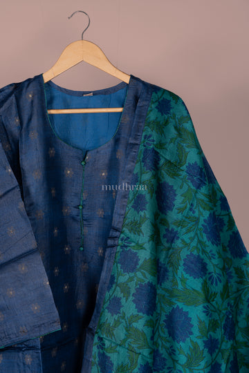 NAVY & GREEN SEMI-STITCHED PURE TUSSAR SUIT SET