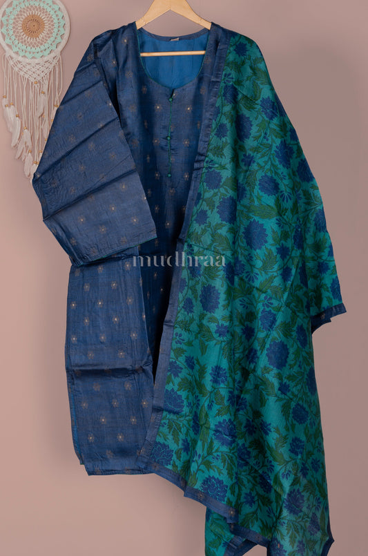 NAVY & GREEN SEMI-STITCHED PURE TUSSAR SUIT SET