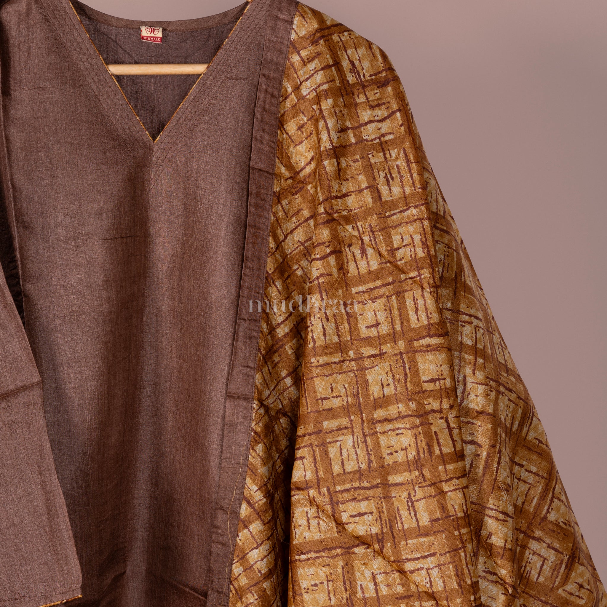 BROWN & YELLOW SEMI-STITCHED PURE TUSSAR SUIT SET