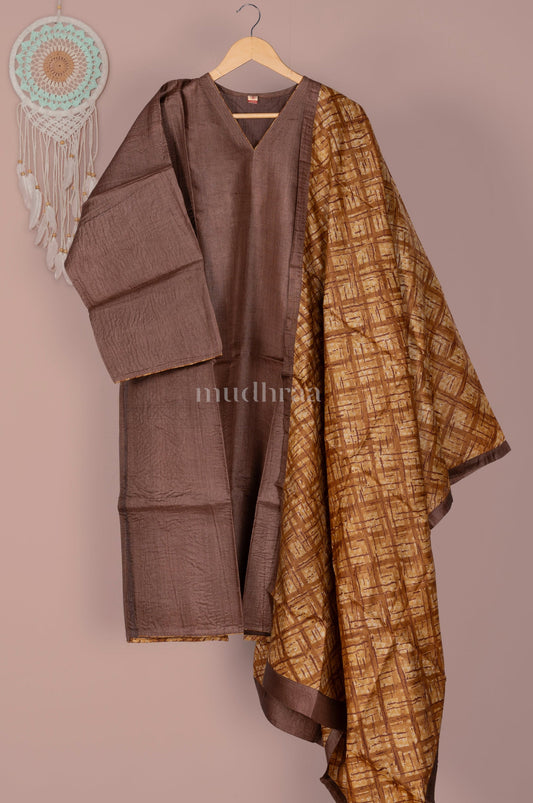 BROWN & YELLOW SEMI-STITCHED PURE TUSSAR SUIT SET