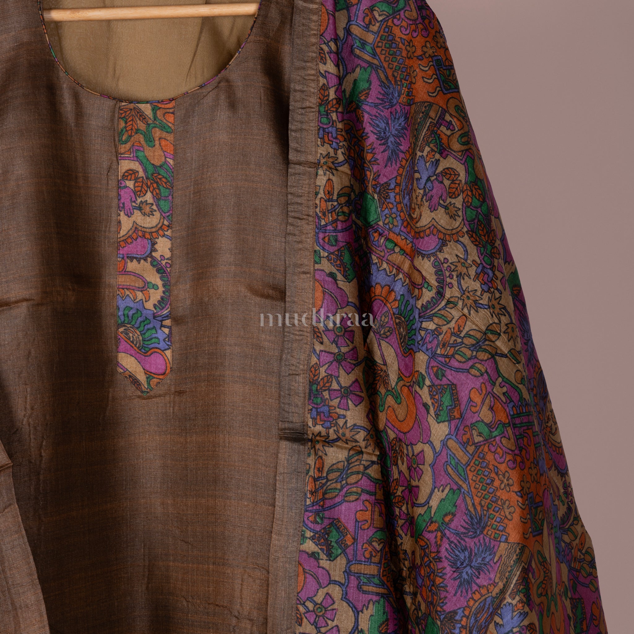 GREENISH BROWN SEMI-STITCHED PURE TUSSAR SUIT SET