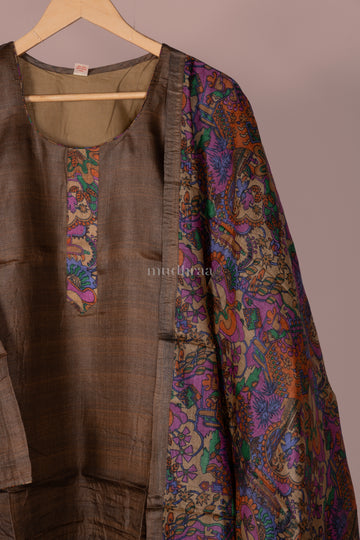 GREENISH BROWN SEMI-STITCHED PURE TUSSAR SUIT SET