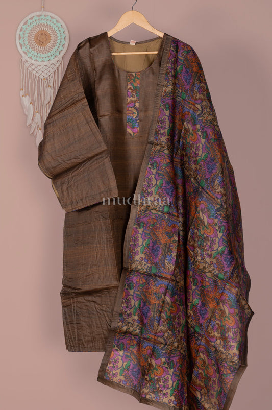 GREENISH BROWN SEMI-STITCHED PURE TUSSAR SUIT SET