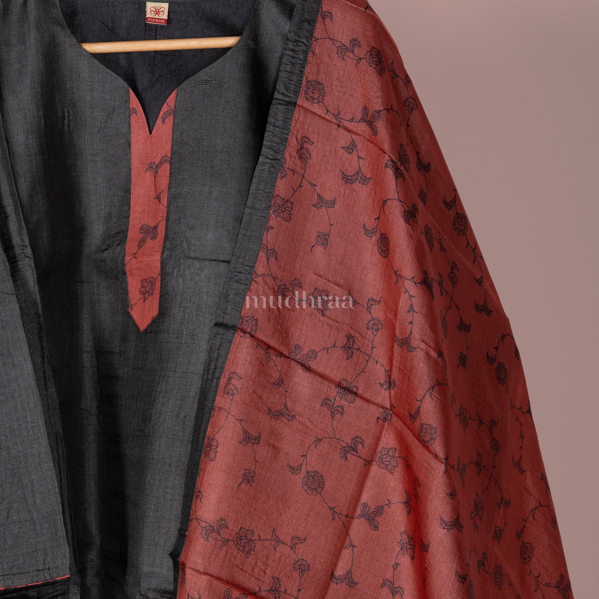 FOREST BLACK & TERRACOTA SEMI-STITCHED PURE TUSSAR SUIT SET