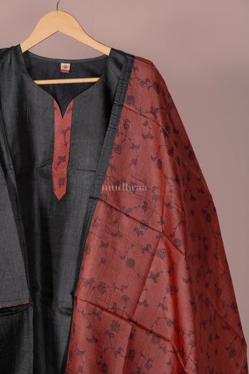 FOREST BLACK & TERRACOTA SEMI-STITCHED PURE TUSSAR SUIT SET