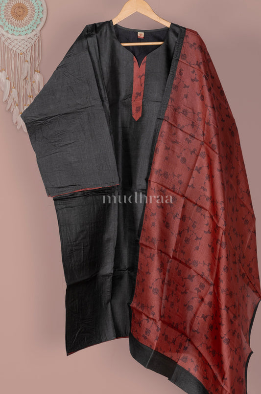 FOREST BLACK & TERRACOTA SEMI-STITCHED PURE TUSSAR SUIT SET