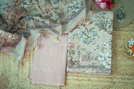 Beige and pink pure linen floral suit set