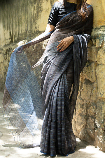 BLUE & BLACK STRIPED LINEN SAREE