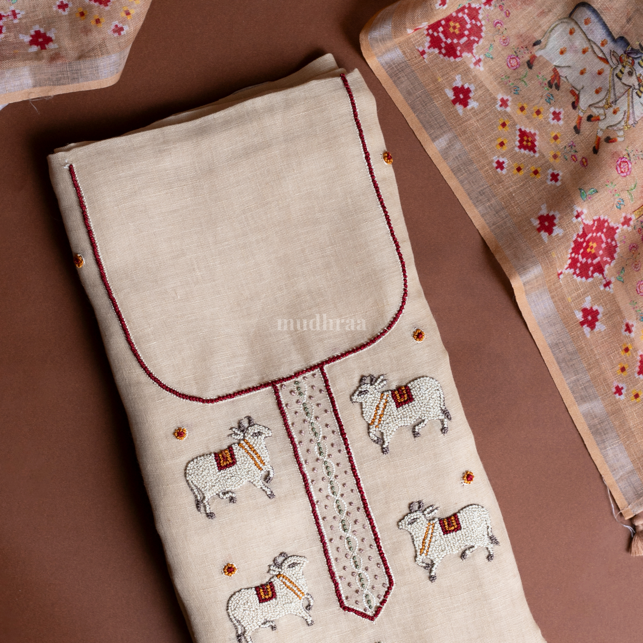 CREAM PICHWAI EMBROIDERED LINEN SUIT SET