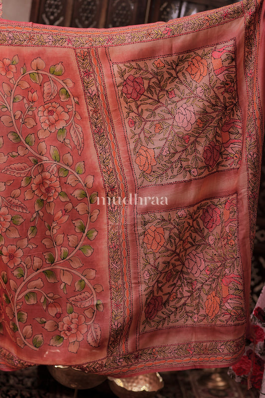 LIGHT CHESTNUT KALAMKARI KANTHA TUSSAR SAREE
