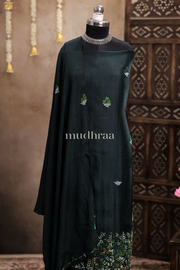DEEP PINE GREEN HAND EMBROIDERED KORA ORGANZA SUIT SET