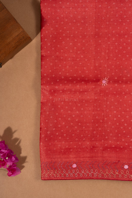 Rust Red Bandhani Kantha Tussar Silk Saree