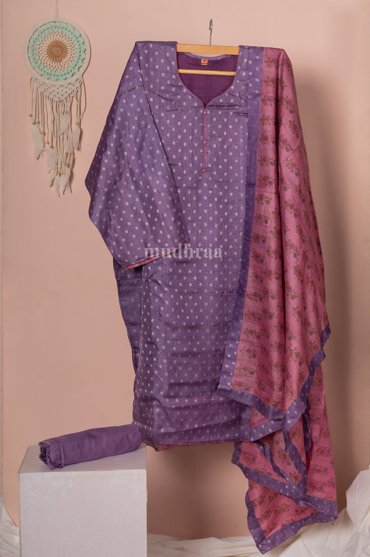 Lavender semi-stitched pure tussar silk suit