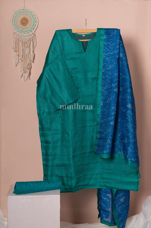 Teal blue semi-stitched pure tussar silk suit