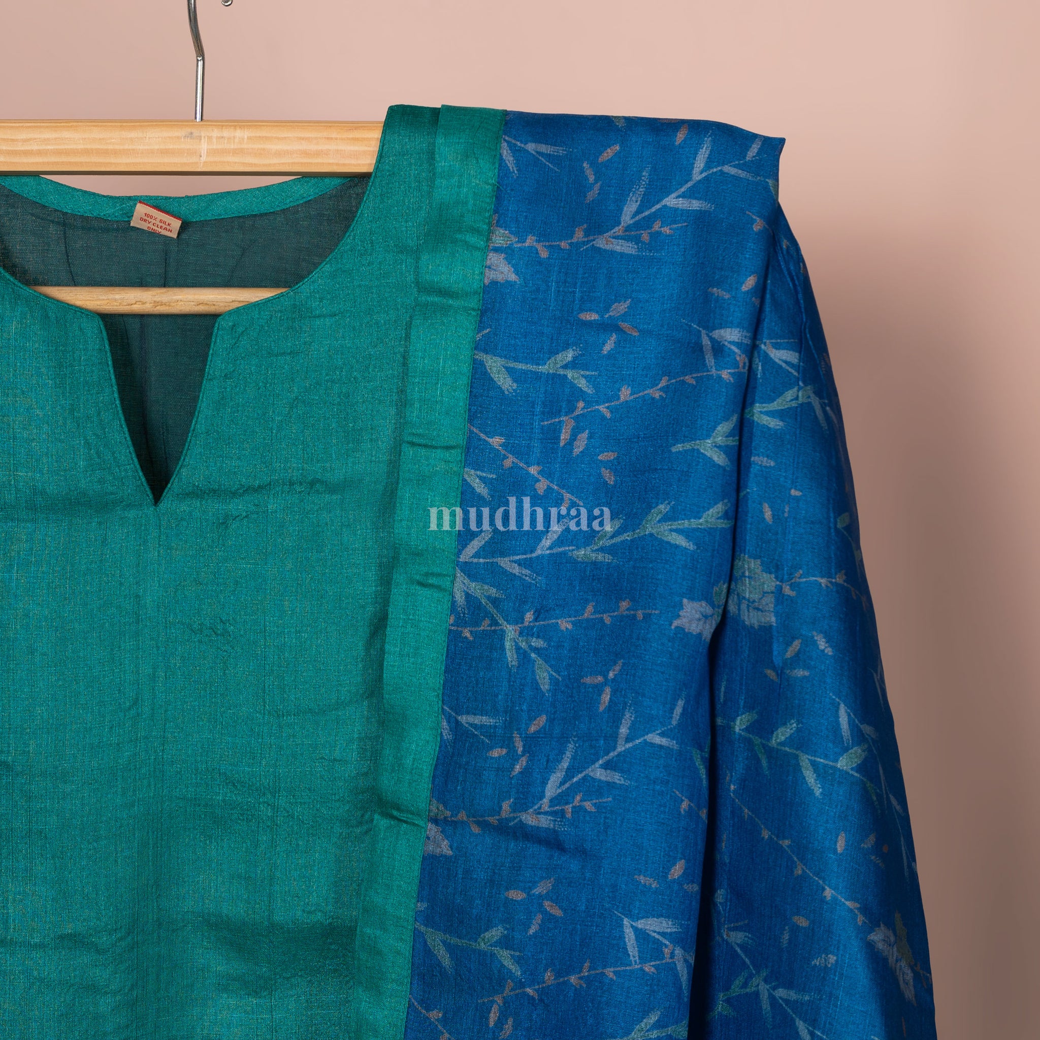 Teal blue semi-stitched pure tussar silk suit