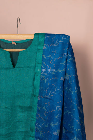 Teal blue semi-stitched pure tussar silk suit