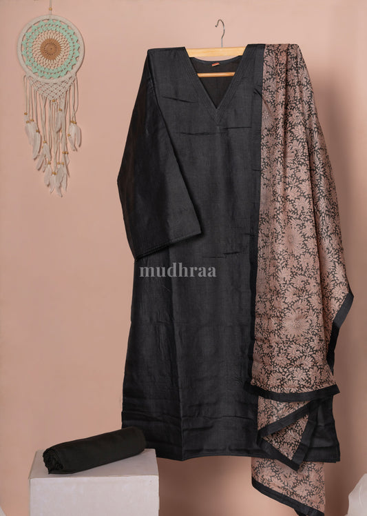 Black floral Semi-stitched Pure Tussar silk suit