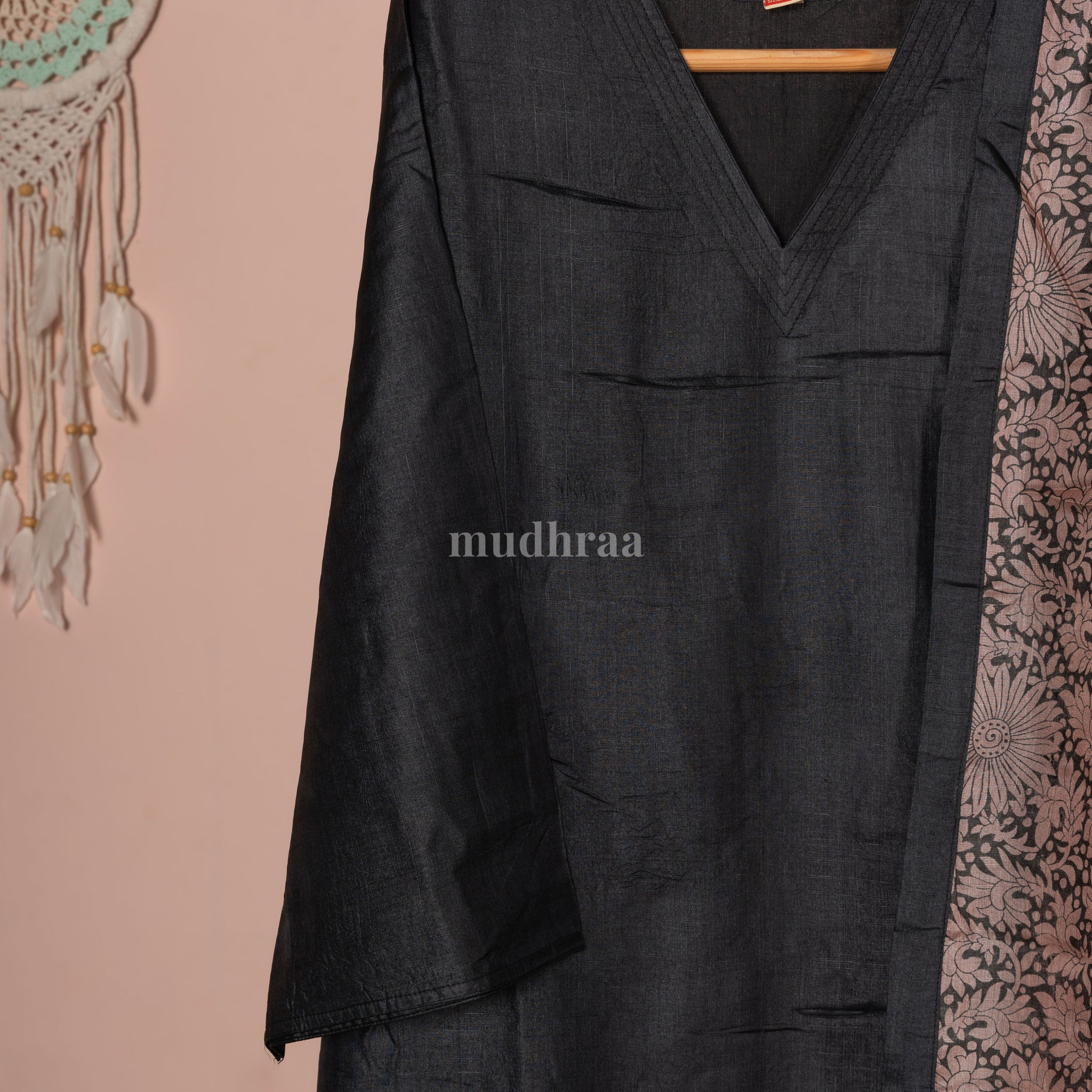 Black floral Semi-stitched Pure Tussar silk suit