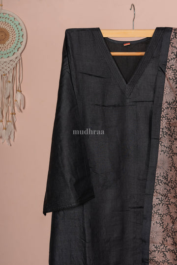 Black floral Semi-stitched Pure Tussar silk suit