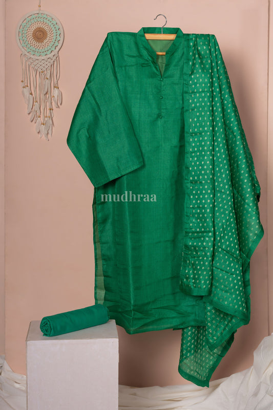 Jade green semi-stitched pure Tussar silk suit