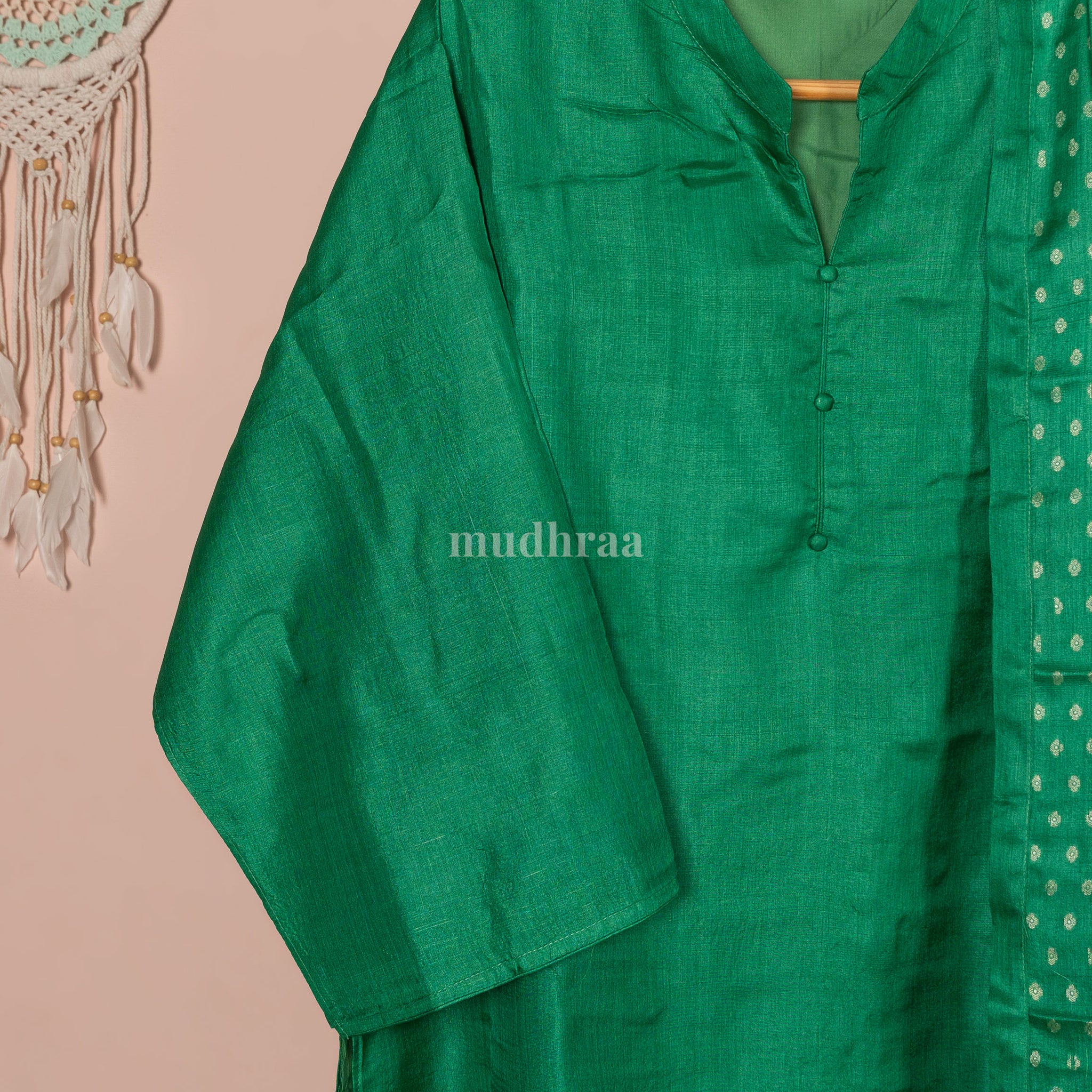 Jade green semi-stitched pure Tussar silk suit