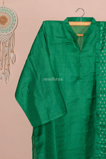 Jade green semi-stitched pure Tussar silk suit