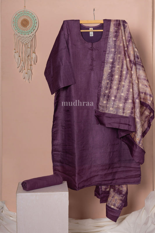 Eggplant purple semi-stitched pure Tussar silk suit set