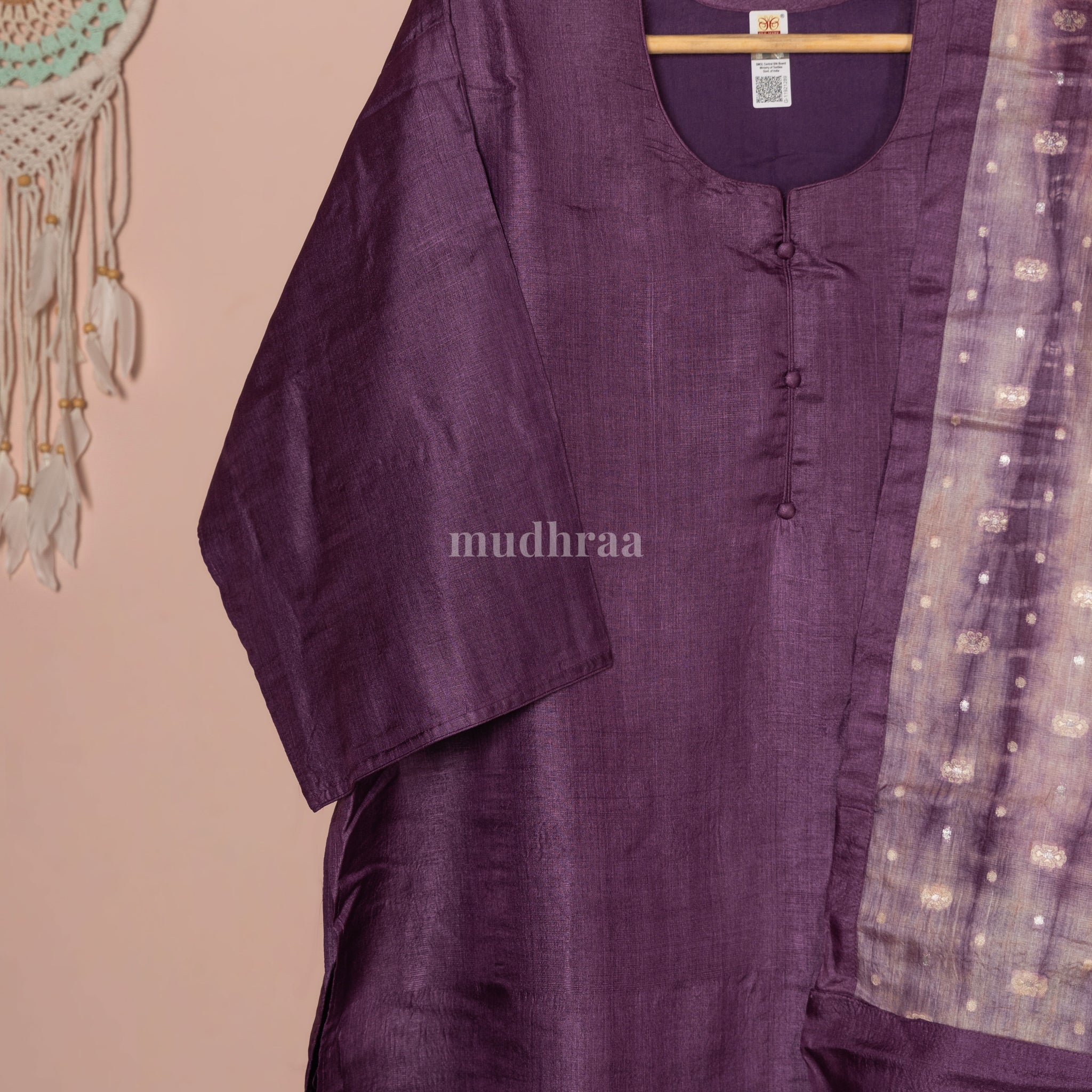 Eggplant purple semi-stitched pure Tussar silk suit set