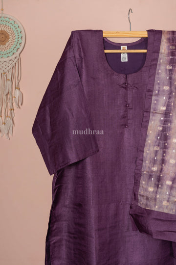 Eggplant purple semi-stitched pure Tussar silk suit set