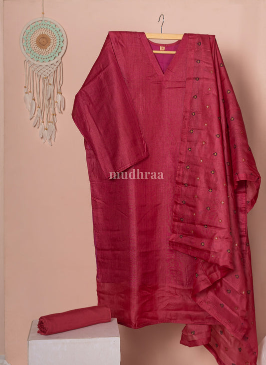 Berry semi-stitched pure Tussar silk suit