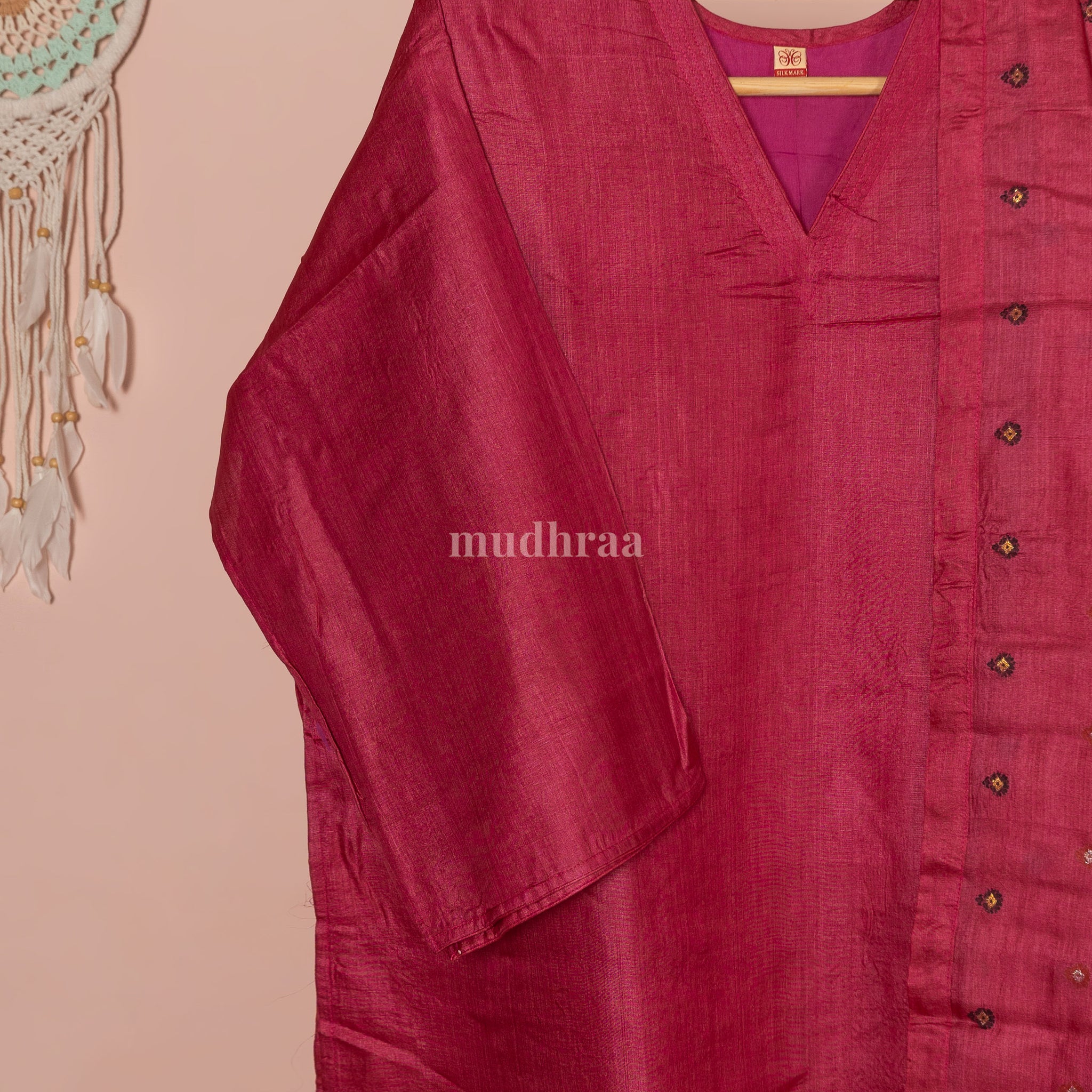 Berry semi-stitched pure Tussar silk suit