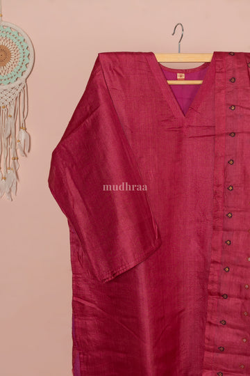 Berry semi-stitched pure Tussar silk suit