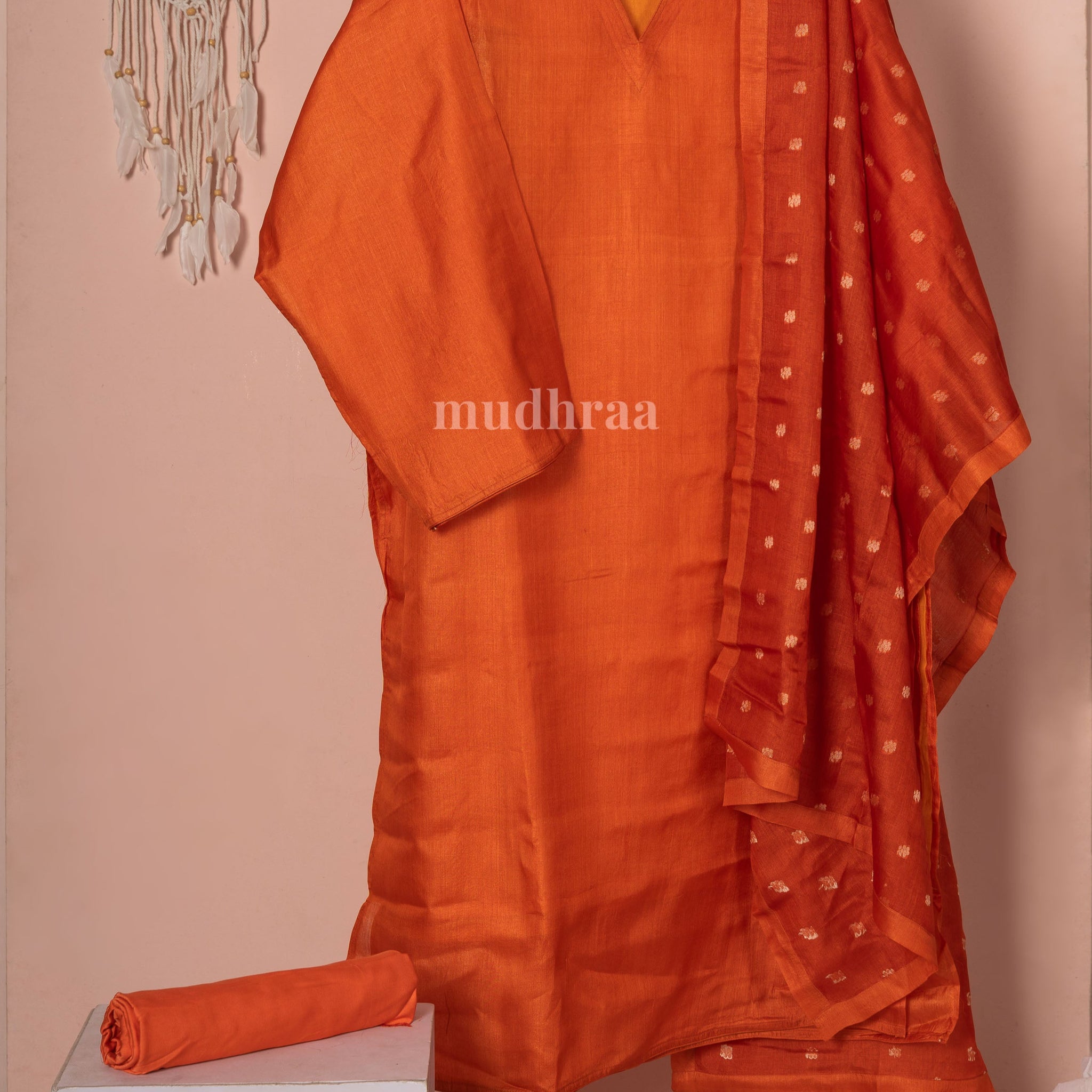 Metallic orange Semi-stitched pure tussar silk suit