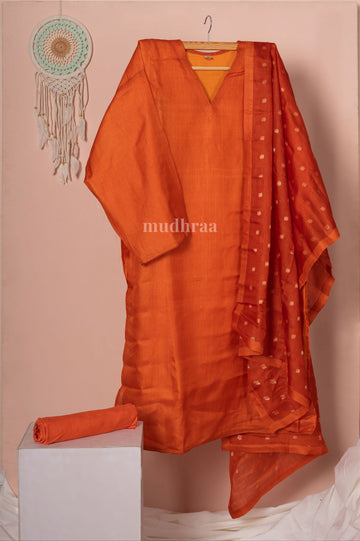 Metallic orange Semi-stitched pure tussar silk suit