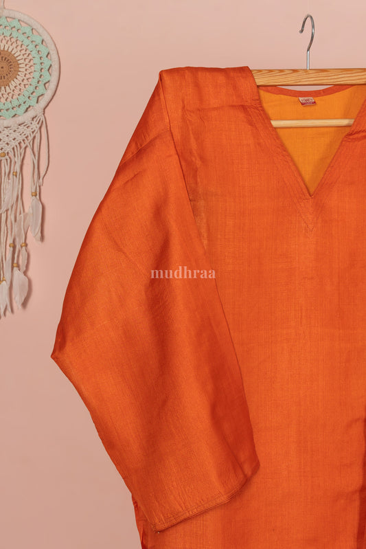 Metallic orange Semi-stitched pure tussar silk suit