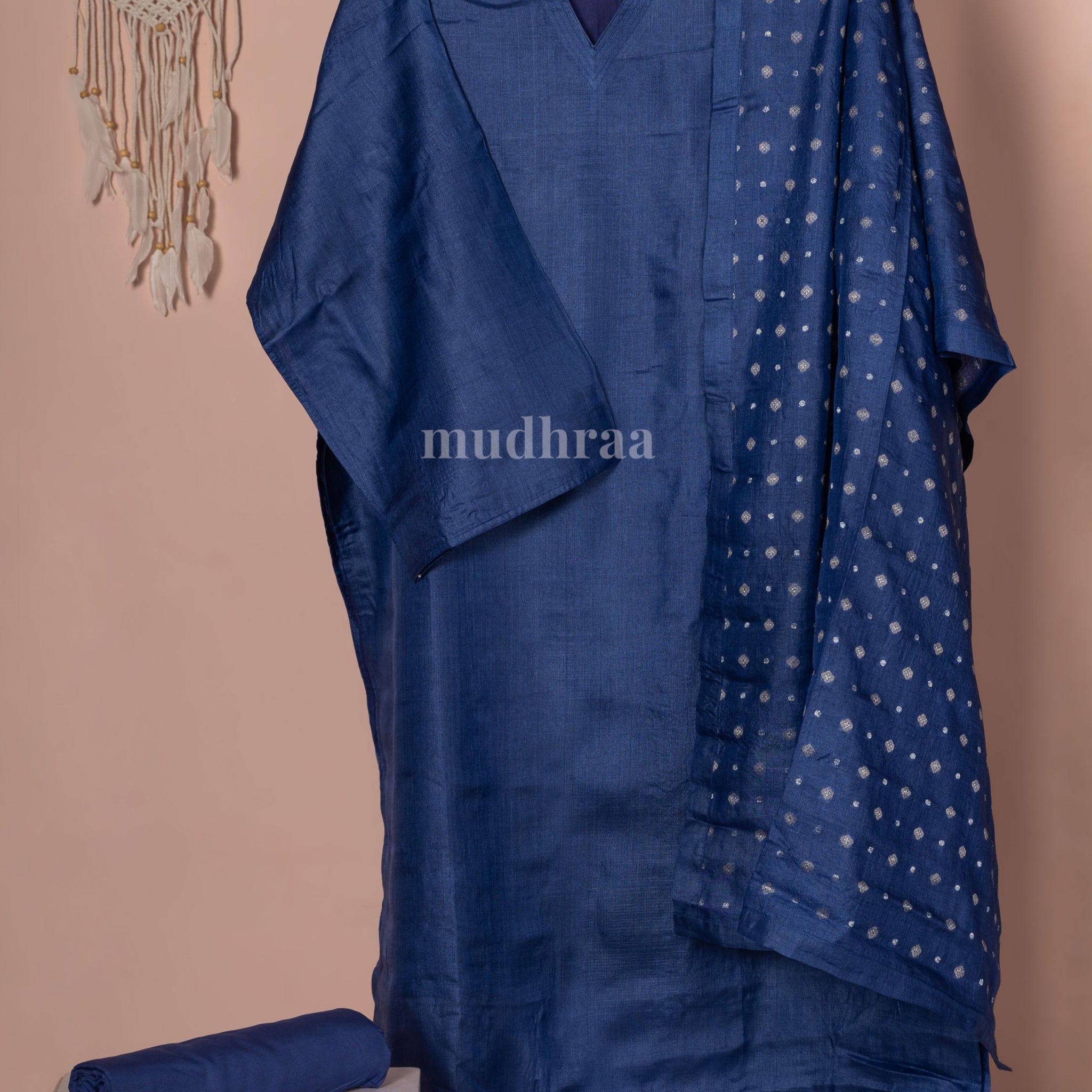 Navy blue semi-stitched pure tussar silk suit