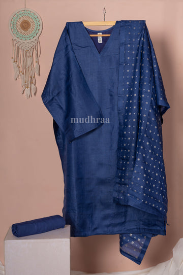 Navy blue semi-stitched pure tussar silk suit