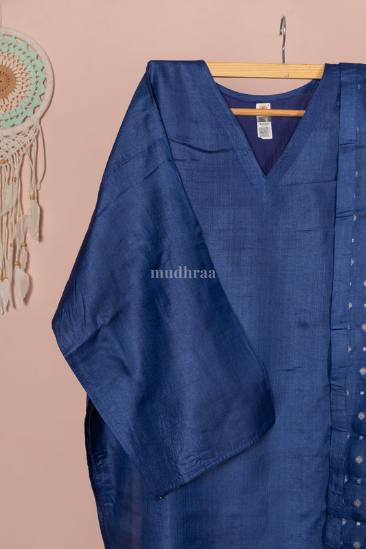 Navy blue semi-stitched pure tussar silk suit