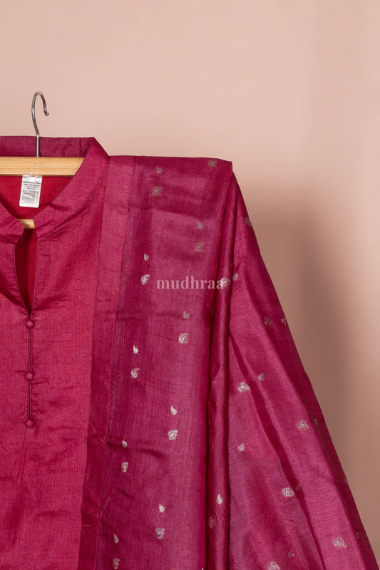 Raspberry semi-stitched pure tussar suit set