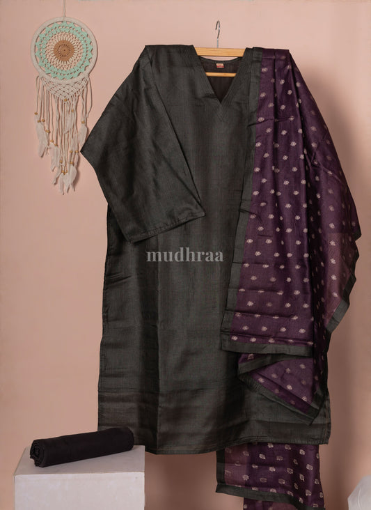 Black grape semi-stitched pure tussar suit set