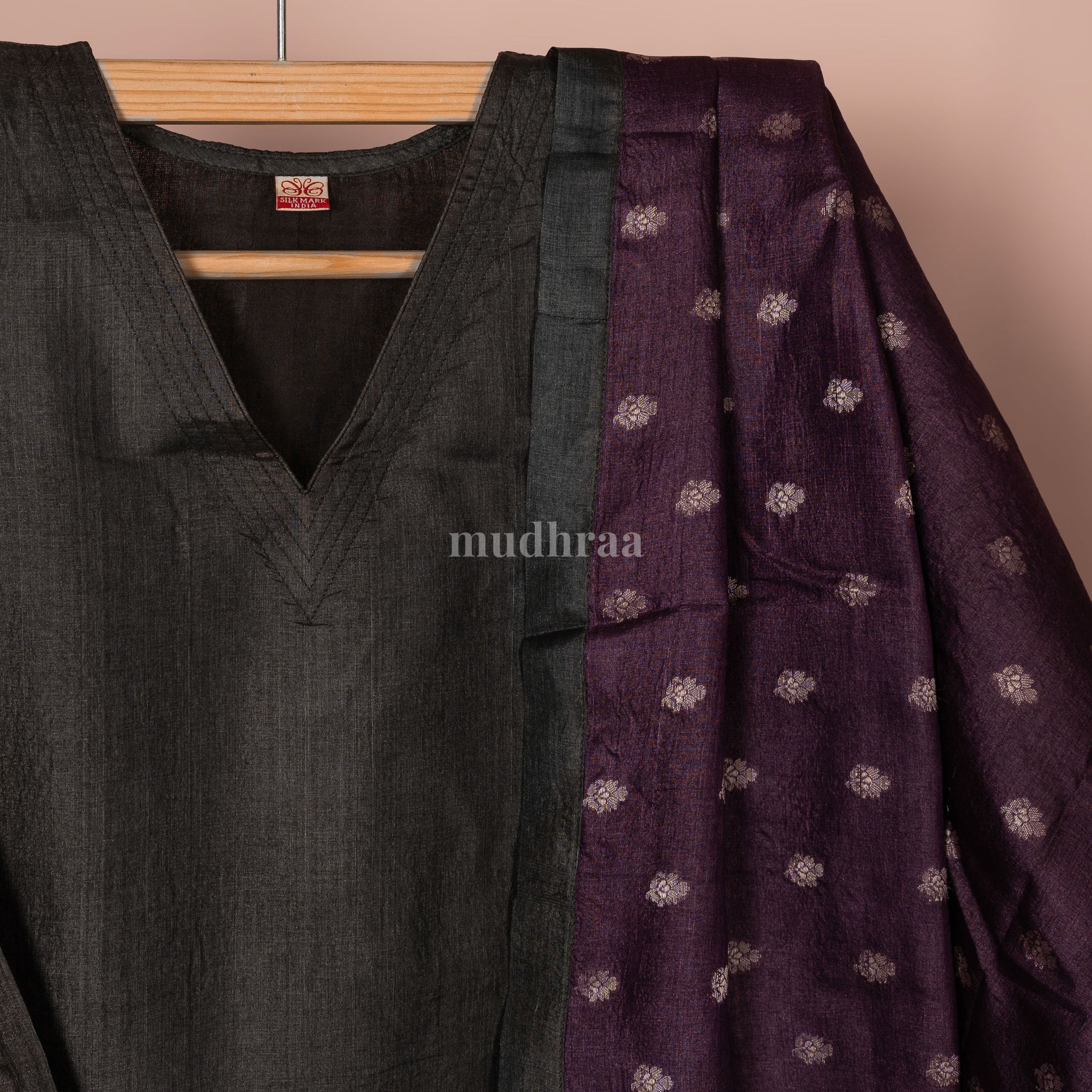 Black grape semi-stitched pure tussar suit set