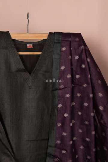 Black grape semi-stitched pure tussar suit set